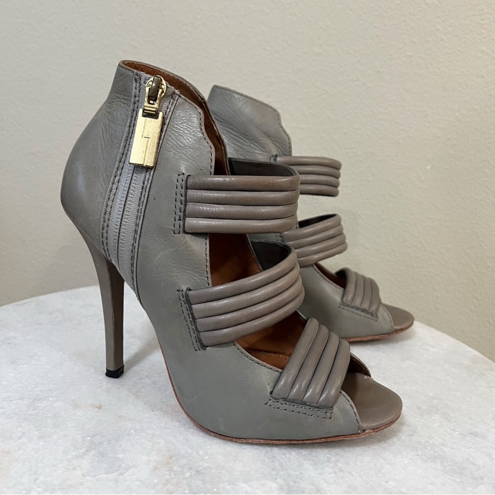 L.A.M.B. Size 8M Grey Peep Toe Leather Pump Cage High Heels - Picture 5 of 10